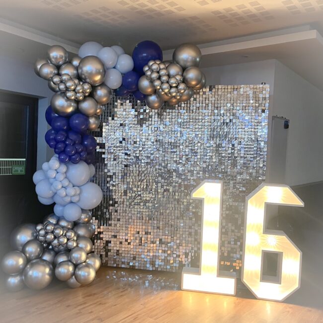silver sequin wall and 4ft light up numbers